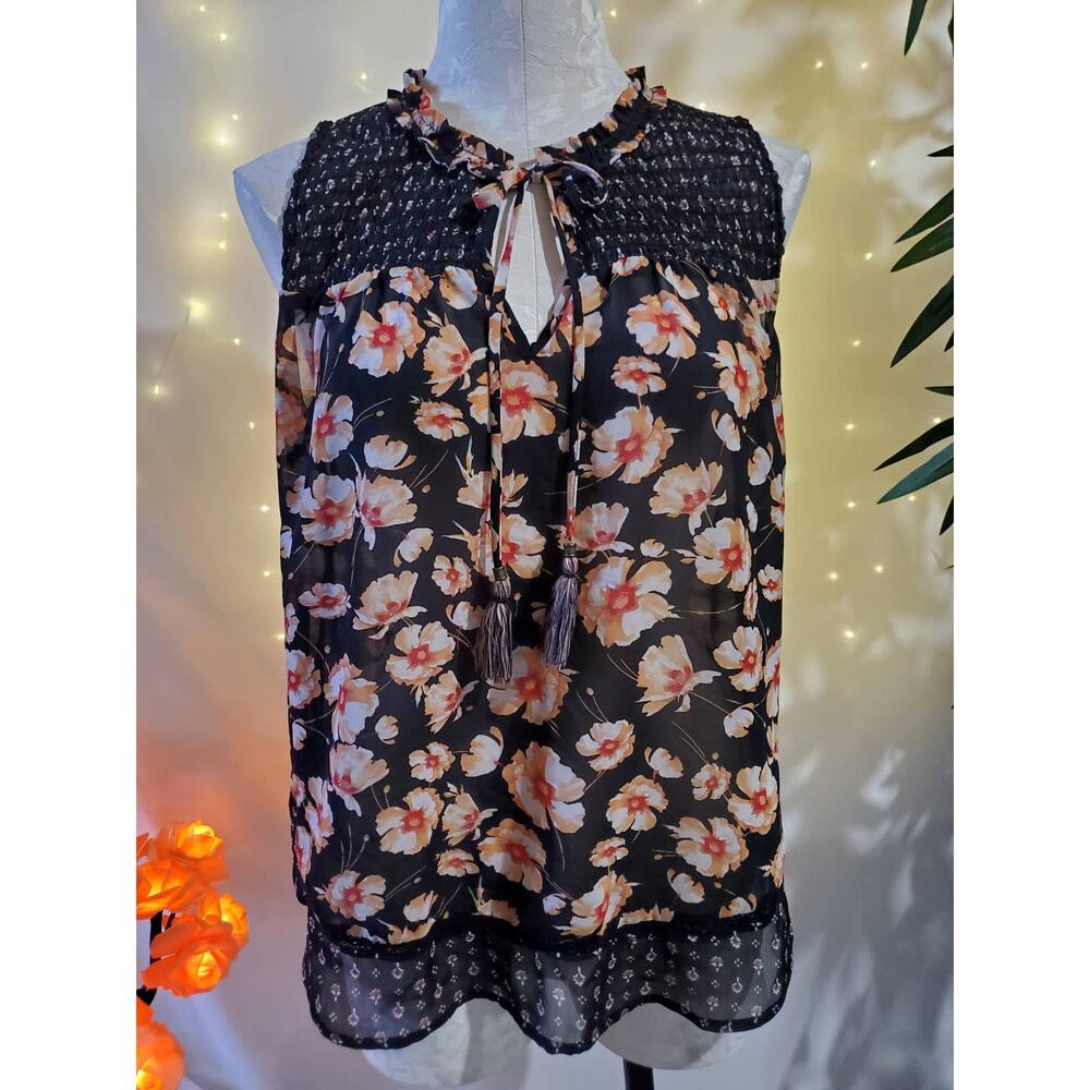 Knox Rose Floral Keyhole Tie Neck Sleeveless Peasant Ruffle Hem Blouse Women's M